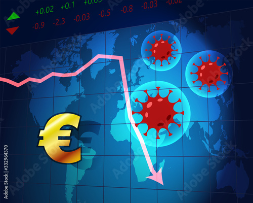 Coronavirus in world. Quarantine and global recession. Euro currency hit by corona virus outbreak and pandemic. Concept of world economy crisis