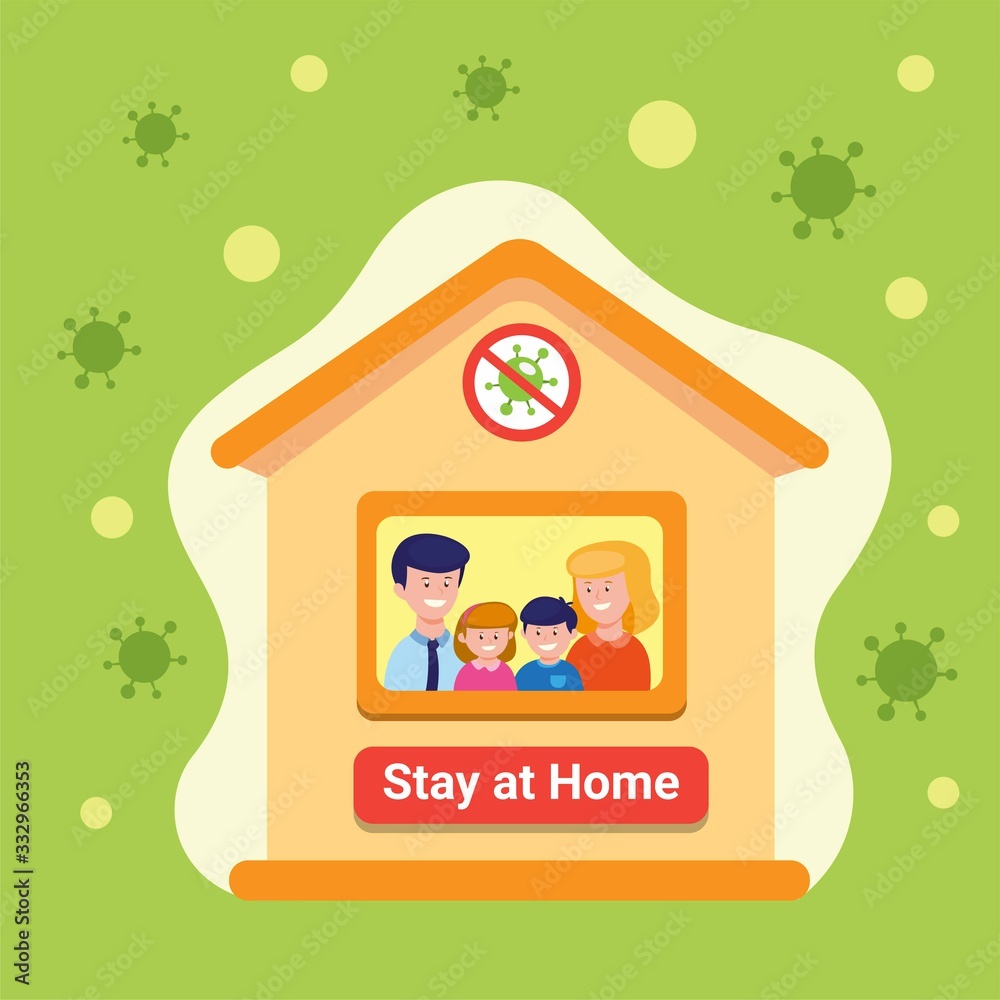Fototapeta premium family stay at home to prevention infection disease, home quarantine virus epidemic cartoon flat illustration vector