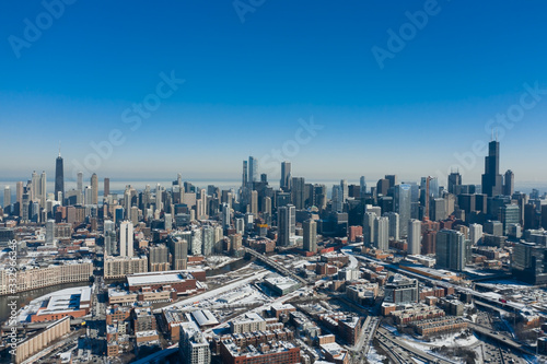 Aerial view of Chicago downtown during winter