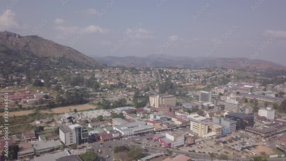 Aerial view of downtown of Mbabane during daytime, capital city of Eswatini known as Swaziland Aerial view of downtown of Mbabane during daytime, capital city of Eswatini known as Swaziland