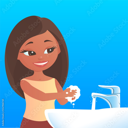 Girl washes hands with soap. There is a smile on his face. Personal hygiene and the prevention of infectious diseases. Vector cartoon illustration.