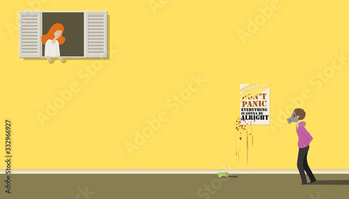 Woman being quarantine on upper floor look out the window to the street at a man wearing biohazard mask, extreme caution, walking by the bright yellow wall in quite town