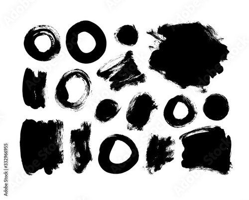 Black ink circles and smears vector illustrations set. Dirty black paint round shapes isolated on white background.
