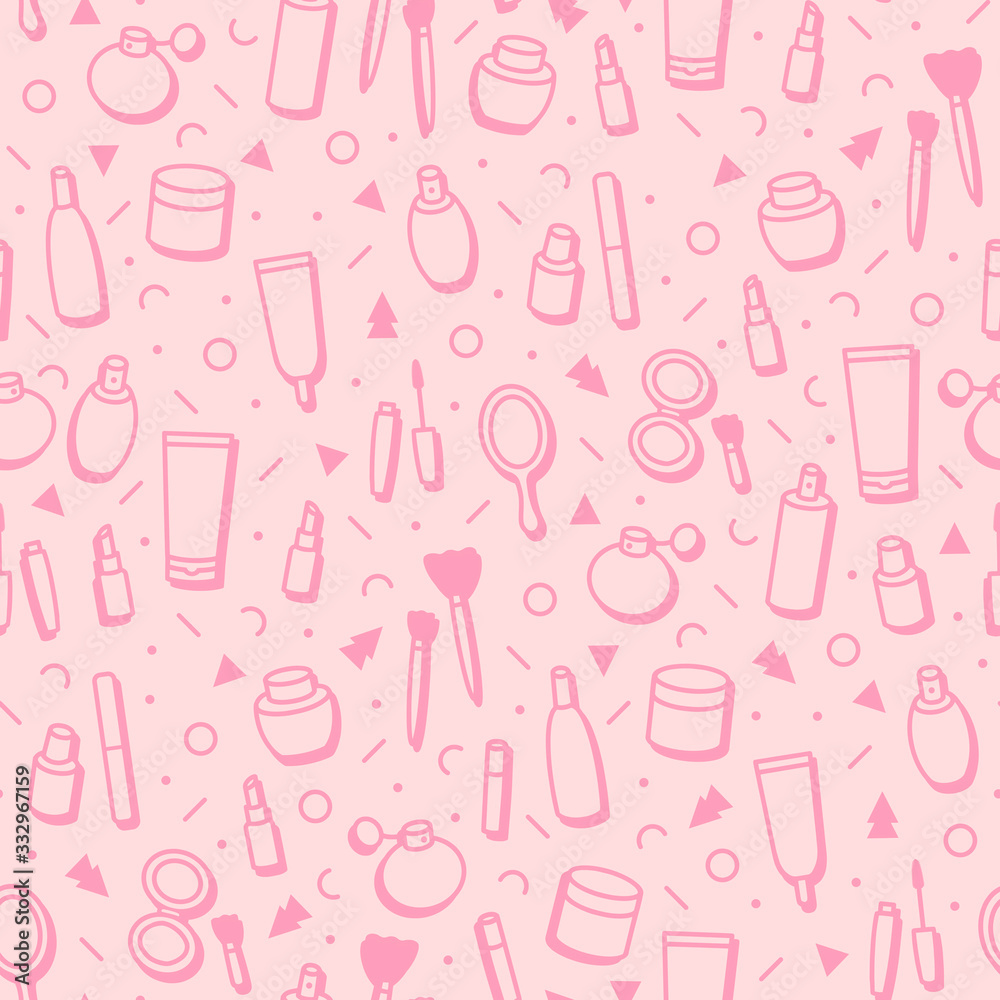 Cosmetic products seamless pattern. Cartoon make up background. Lipstick,  mascara, perfume, eyeshadows. Makeup and beauty care template for shops in  line style. Beauty vector illustration. Fashion. Stock Vector | Adobe Stock