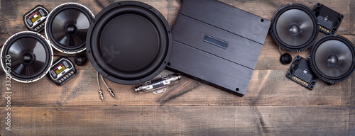 car audio, car speakers, subwoofer and accessories for tuning. Top view photo