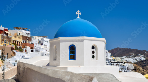 Blue and white details of the church in Oia, Santorini, Greece