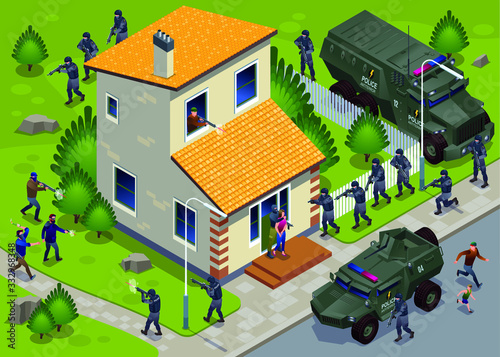 Anti Terror Operation of Special Police Forces with Armor Vehicles and Hostage Release Illustration isometric icons on isolated background
