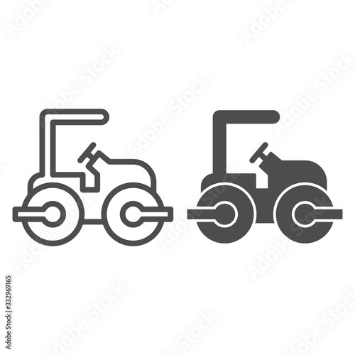 Road paver truck line and solid icon. Roller heavy vehicle for laying asphalt symbol, outline style pictogram on white background. Construction sign for mobile concept and web design. Vector graphics.