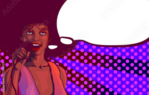 Afro hair style woman sings. Bubble speech. Psyhodelic colorful background. Jazz and soul music theme. Comics style vector image