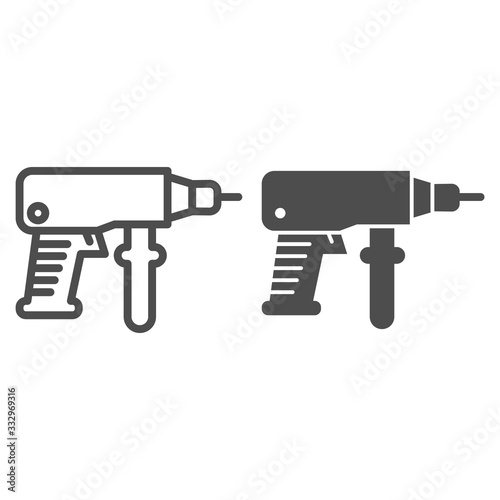 Drill instrument line and solid icon. Cordless hand perforator and repair tool symbol, outline style pictogram on white background. Construction sign for mobile concept or web design. Vector graphics.