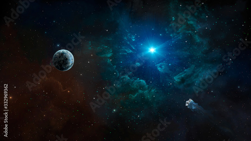 Fototapeta Naklejka Na Ścianę i Meble -  Space background. Asteroid fly to planet in colorful nebula and stars. Elements furnished by NASA. 3D rendering