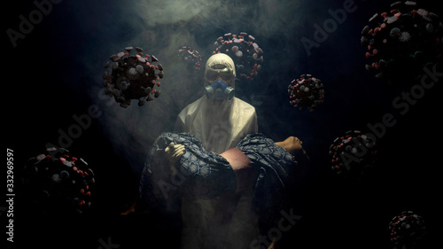 covid19  a round a man in a protective suit carrying covid19 infect a boy © Tomdv