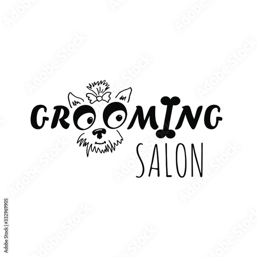 Funny logotype for dog styling and grooming salon, pet store signboard,  web site design. Horizontal vector illustration isolated on white background.