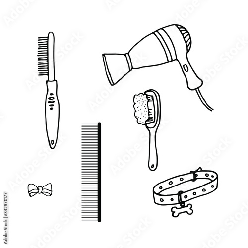 Set of pet grooming tools for dog styling and grooming salon, icons for web site design. Vector outline illustration of hair comb, brush, 
hair dryer, collar isolated on white background.