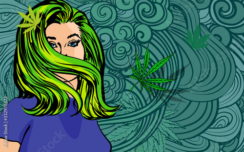 Pretty woman hair style, vector doodle. Cannabis leaf and styled drawn smoke on background