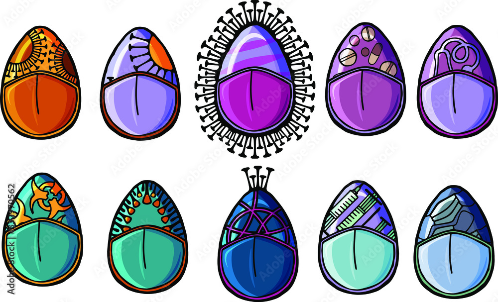 Holiday in quarantine. Happy easter isolated eggs drawn with the pattern of the branches of the caronovirus infection Coronavirus 2019-ncov flu infection. Patterns of syringes, injections Holiday in quarantine. Happy easter isolated eggs drawn with the pattern of the branches of the caronovirus infection Coronavirus 2019-ncov flu infection. Patterns of syringes, injections