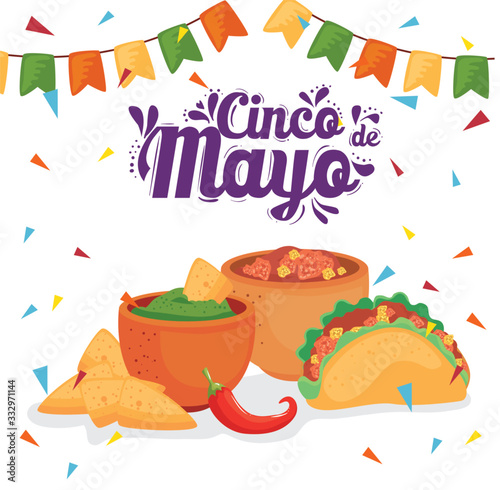 cinco de mayo poster with traditional food and decoration vector illustration design