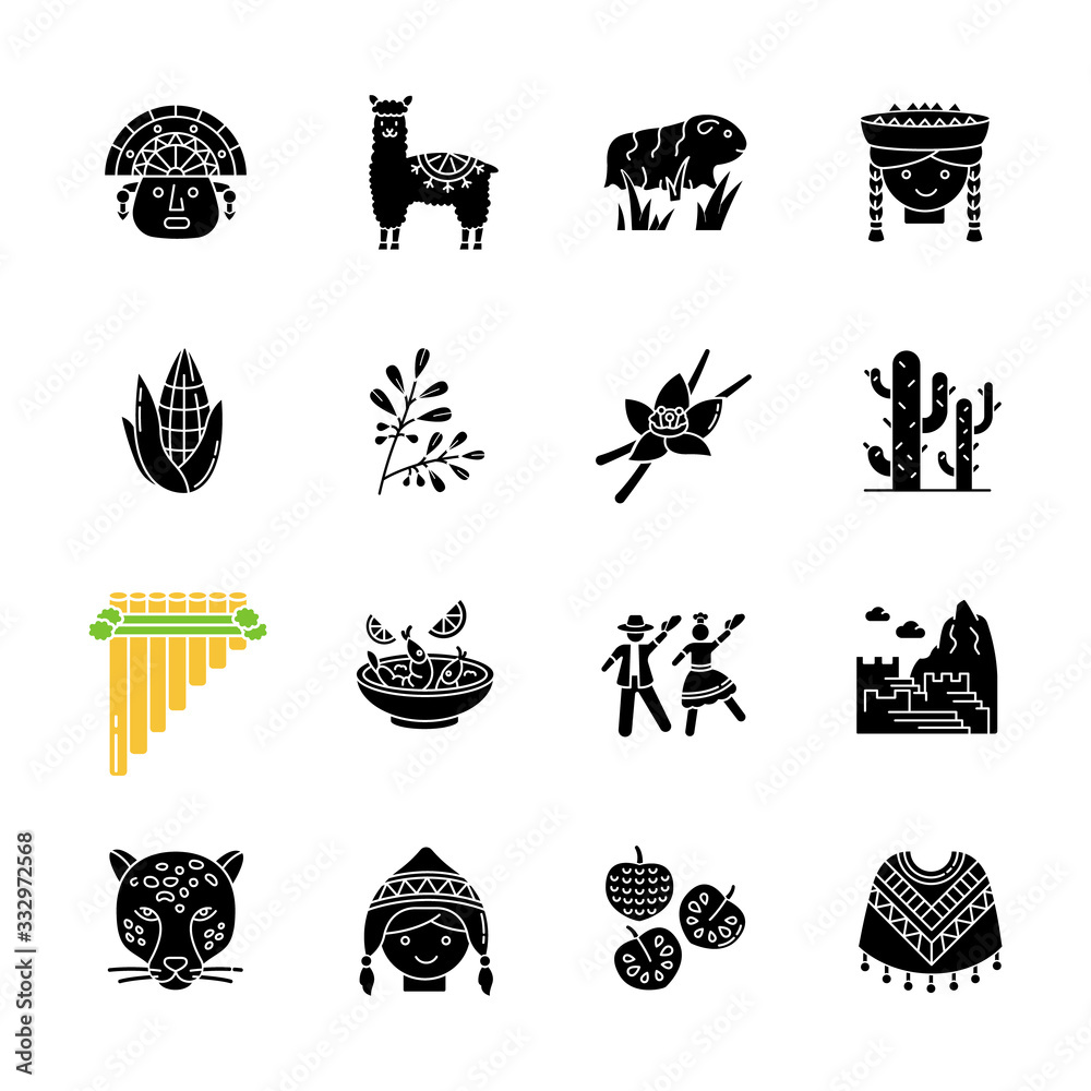Peru black glyph icons set on white space. Peruvian sights, culture, nature, cuisine. Traveling in Latin America. Alpaca, guinea pig, siku, ceviche. Silhouette symbols. Vector isolated illustration - obrazy, fototapety, plakaty 