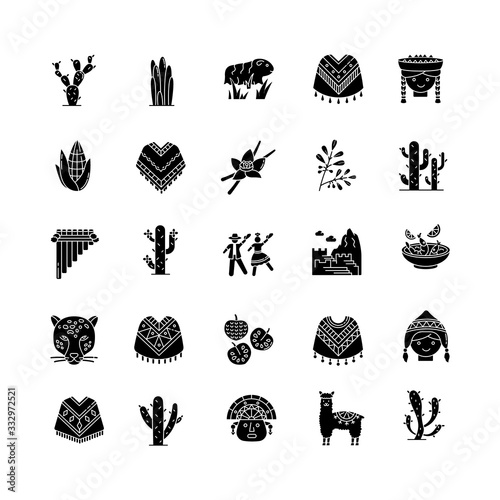Peru black glyph icons set on white space. Andean country sights, traditions, cuisine, agriculture, animals. Alpaca, ceviche, jaguar, incas, marinera. Silhouette symbols. Vector isolated illustration