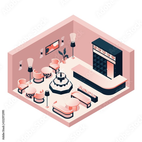 Hotel lobby interior isometric scene. Vector pink and black 3d furniture, fountain and illumination. Luxury indoor collection