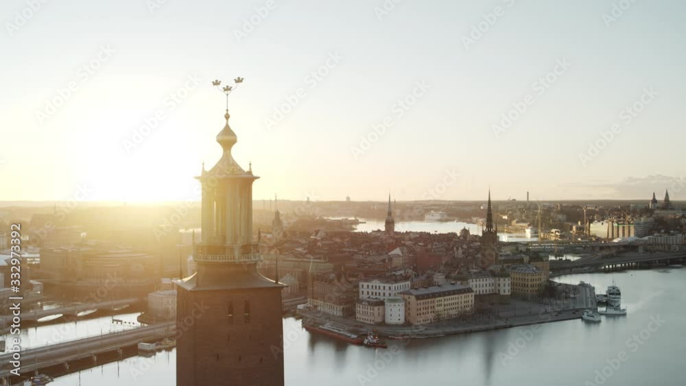 Aerial drone view over Stockholm at sunset