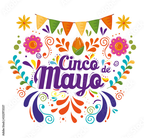 cinco de mayo poster with garlands hanging decoration vector illustration design