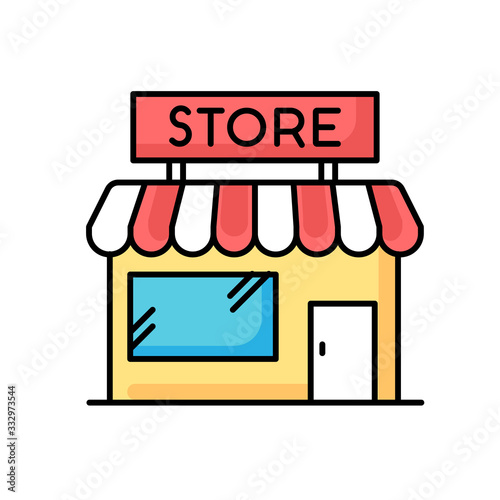 Convenience store RGB color icon. Grocery shop exterior. Small business in retail. Duty free mall with awning. Supermarket with showcase. Local boutique. Isolated vector illustration