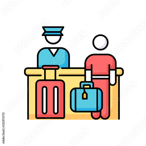 Airport check in RGB color icon. Passenger waiting at registration desk. Tourist checking on reservation table. Receptionist at counter at aircraft terminal. Isolated vector illustration