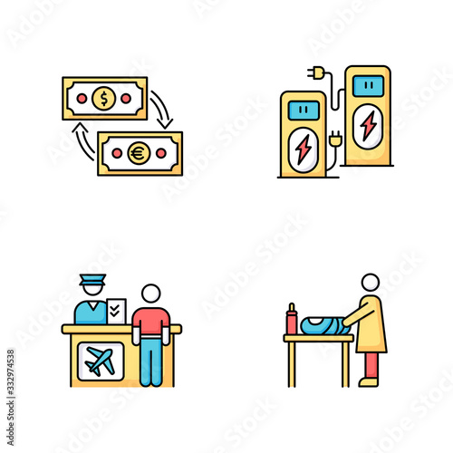 Airport terminal RGB color icons set. Money exchange. Power recharge. Self service kiosk. Check in desk for flight. Changing table for mother and baby. Isolated vector illustrations