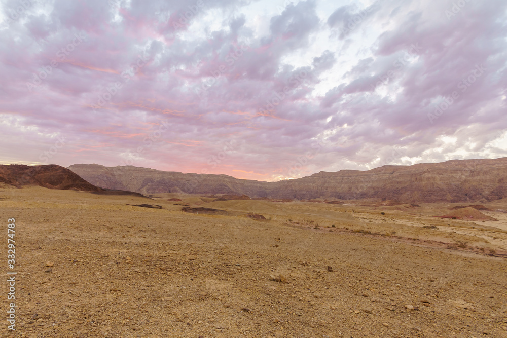 Sunset view of landscape and rock formations, Timna Valley
