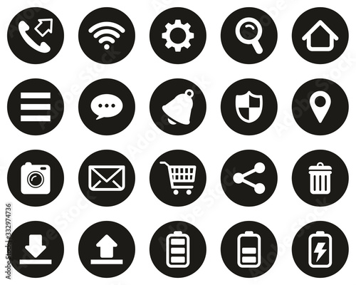 Mobile Phone Or Smartphone Icons White On Black Flat Design Circle Set Big