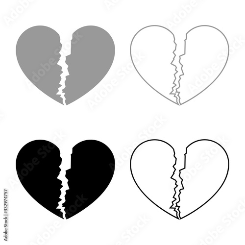 Broken heart icon outline set black grey color vector illustration flat style image