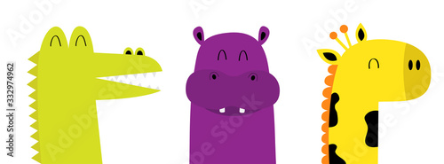 Hippopotamus hippo Giraffe Alligator crocodile face head icon. Kawaii animal set. Cute cartoon funny baby character. Long neck. Baby clothes kids print. Love. Flat design. White background. Isolated.