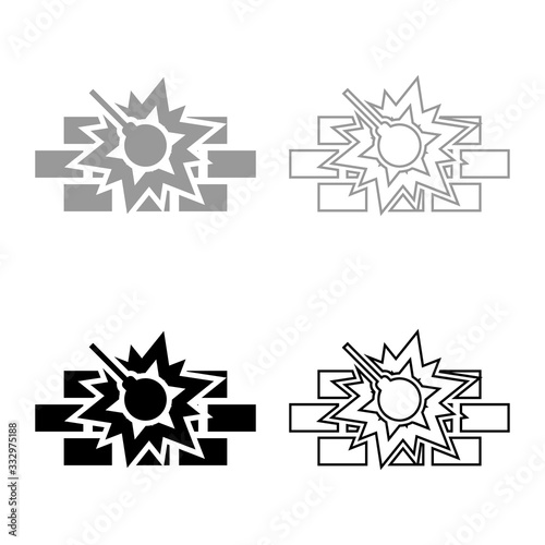 Working demolish machine on building construction Destroying brick wall with metal ball Wrecking house home concepting icon outline set black grey color vector illustration flat style image