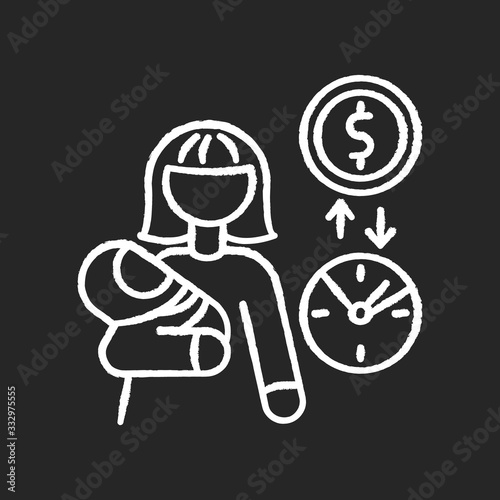 Babysitter pay rate chalk white icon on black background. Income from babysitting services. Earn money for child care. Woman with infant baby. Isolated vector chalkboard illustration