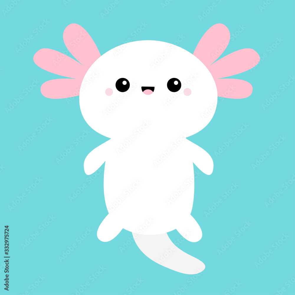 Cute axolotl. Mexican salamander. White axolotyl. Ambysoma mexicanum. Cartoon kawaii funny smiling baby character. Water dragon. Pink horns. Flat design. Blue background. Isolated. Cute axolotl. Mexican salamander. White axolotyl. Ambysoma mexicanum. Cartoon kawaii funny smiling baby character. Water dragon. Pink horns. Flat design. Blue background. Isolated.