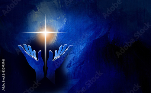 Εκτύπωση καμβά Graphic praise hands and Christian cross background