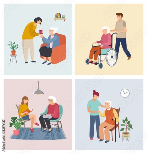Volunteers series - young people taking care of seniors people. Helping with household chores, walking, reading books, bringing the grocery, pushing the wheelchair. 