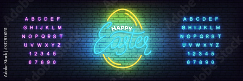 Easter neon template. Glowing label for Easter and alphabet