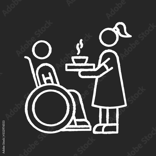 Special needs chalk white icon on black background. Social worker help senior person. Disabled man in wheelchair. Woman feeding hospital patient. Isolated vector chalkboard illustration
