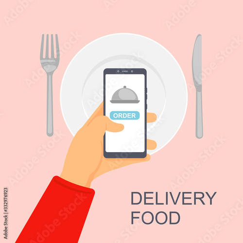 Order food online. Fast food delivery. Smartphone in hands, ordering food through smartphone on the background of an empty plate. Concept vector illustration, banner, design template.