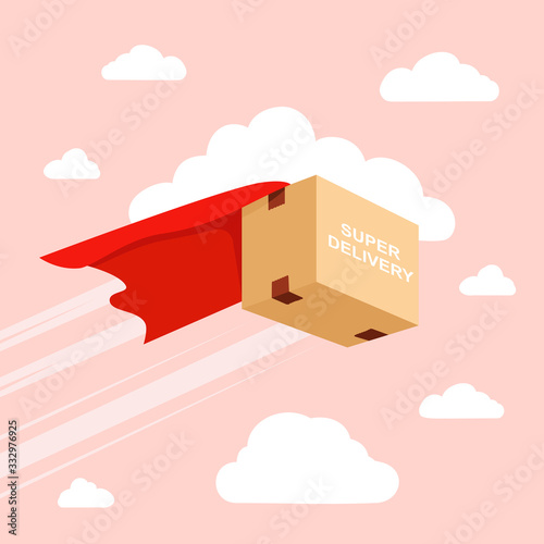 Flying package Delivery. Superhero box. Vector template e-commerce, fast delivery service, parcel delivery. photo