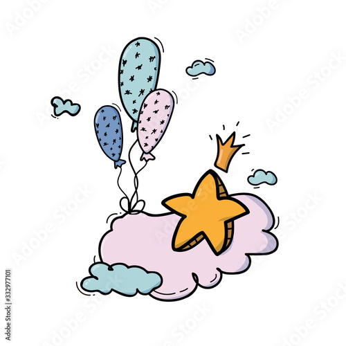 Cute star illustration on clouds. Balloons, holiday, birthday. Vector illustration.
