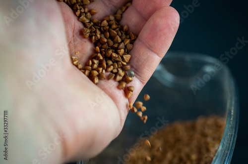 buckwheat in hand is poured into a jar, the concept of hype on cereals