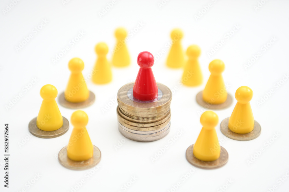 figure standing on stack of coins for show influence and empowerment. Winner financial concept figure standing on stack of coins for show influence and empowerment. Winner financial concept