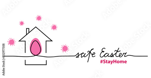 Safe Easter simple vector background or web banner with egg, house, stayhome quote, Safe Easter lettering. One continuous line drawing.