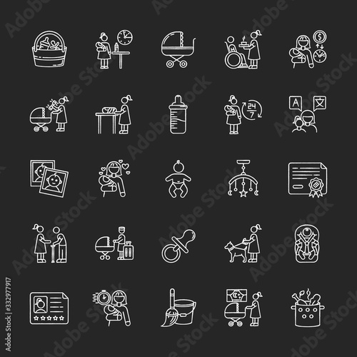 Babysitter service chalk white icons set on black background. Child care. Help with kids. Full time nanny for newborn. Motherhood, parenthood. Isolated vector chalkboard illustrations