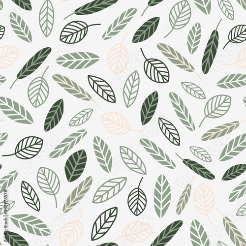 White pattern with small green and pink leaves