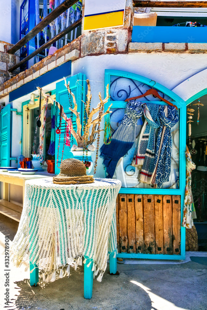 Charming souveir shops in old streets of  Amorgos island, Cyclades, Greece