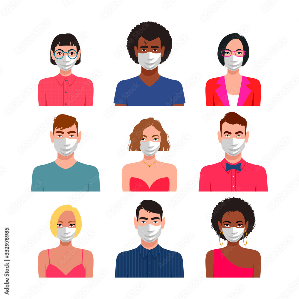 People icon set with protective masks People icon set with protective masks